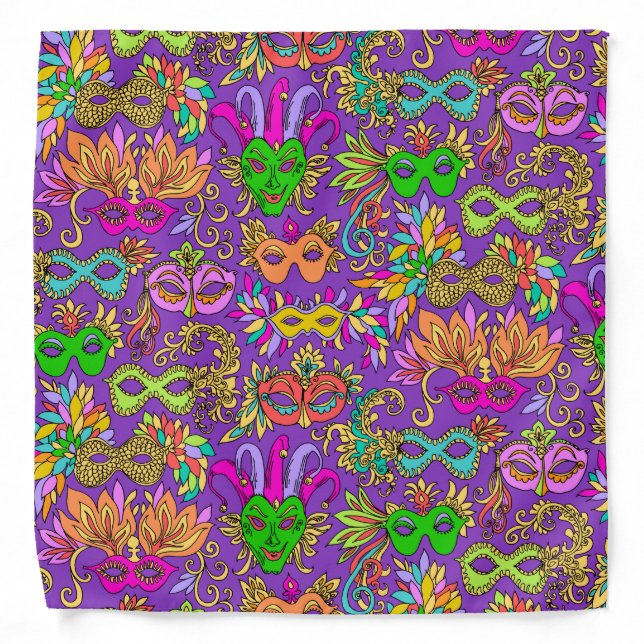 Mardi Gras Bright Purple Green Masquerade Masks Bandana (Front)