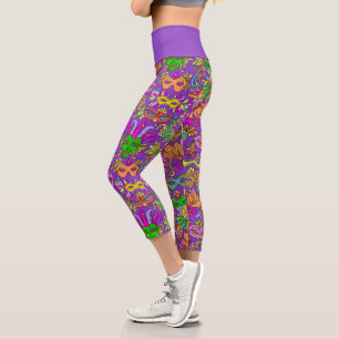 Mardi Gras Bright Purple Pink Masquerade Masks Capri Leggings