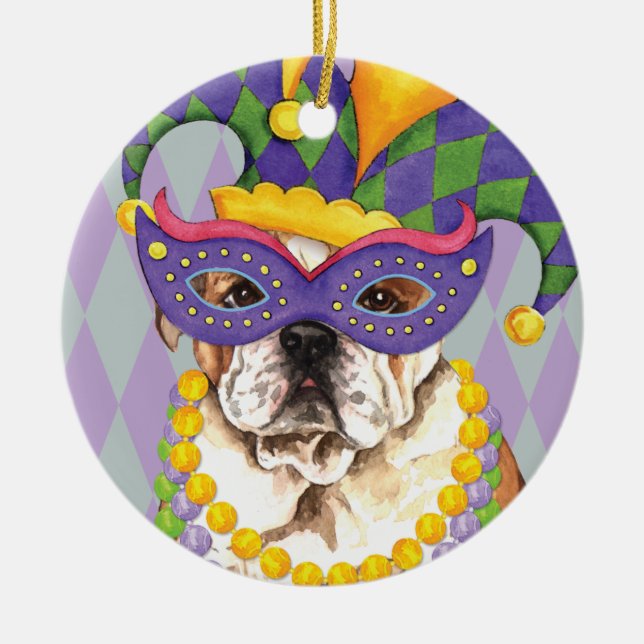 Mardi Gras Bulldog Ceramic Ornament (Front)
