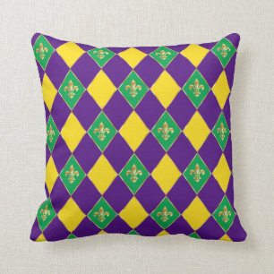 Mardi Gras Carnival Festive Fleur de Lis Diamond Throw Pillow