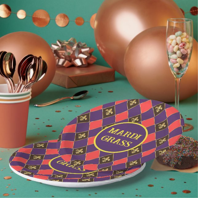 Mardi Gras Carnival Fleur de Lis Diamond Decor Paper Plates (Multi)