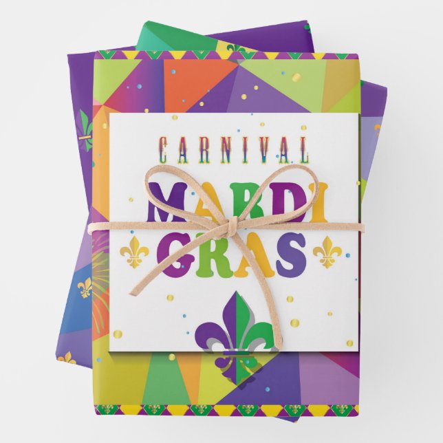 Mardi Gras Carnival Fleur de Lis Diamond Decor Wrapping Paper Sheets (In situ)