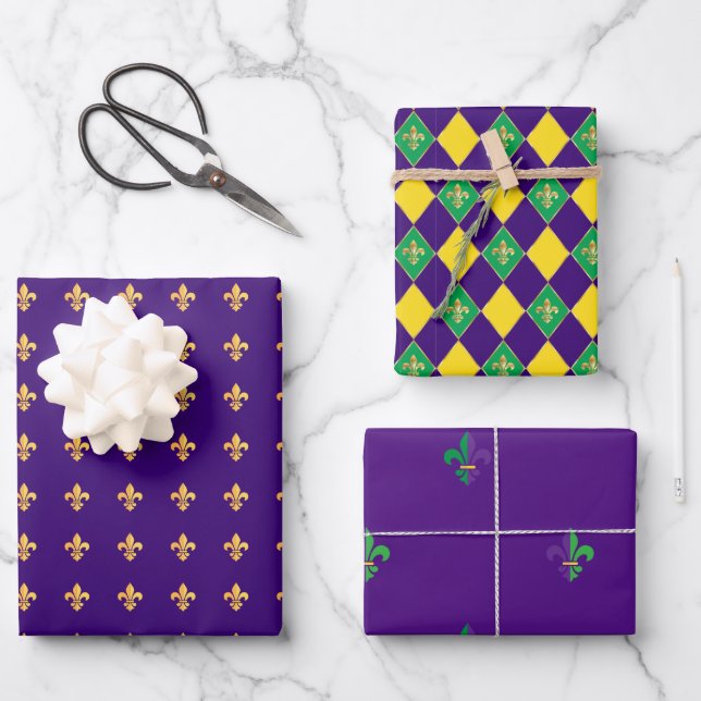 Mardi Gras Carnival Fleur de Lis Diamond Decor Wrapping Paper Sheets (Front)