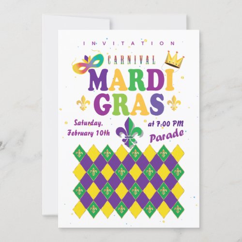 Mardi Gras Carnival Fleur de Lis Diamond Harlequin Invitation