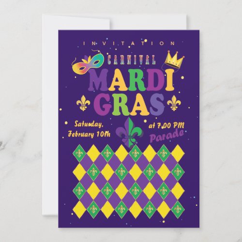 Mardi Gras Carnival Fleur de Lis Diamond Harlequin Invitation