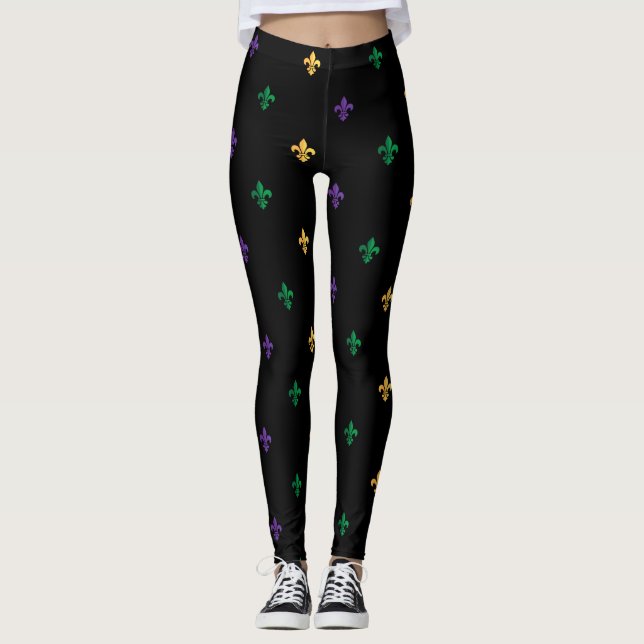 Mardi Gras Carnival Fleur de Lis Diamond Harlequin Leggings (Front)
