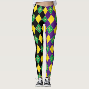 Mardi Gras Carnival Fleur de Lis Diamond Harlequin Leggings