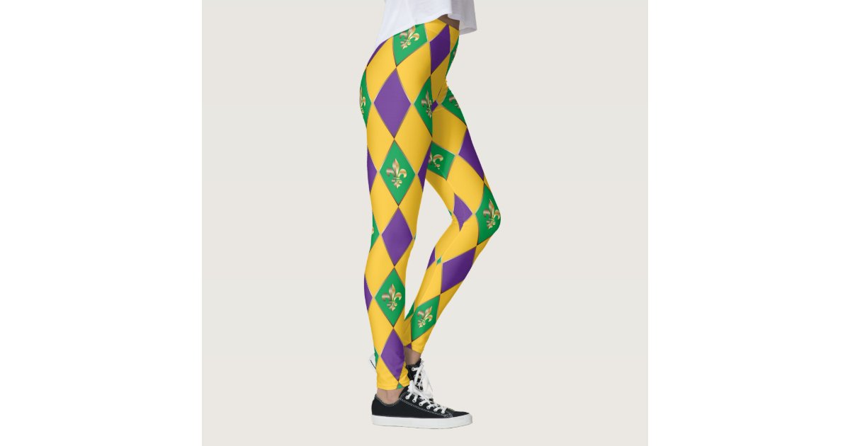 Mardi Gras Carnival Fleur De Lis Diamond Harlequin Leggings 