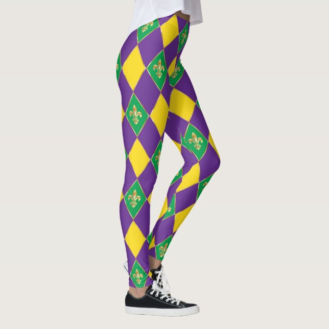 Mardi Gras Carnival Fleur de Lis Diamond Harlequin Leggings (Right)
