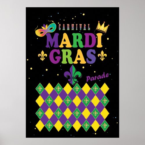 Mardi Gras Carnival Fleur de Lis Diamond Harlequin Poster