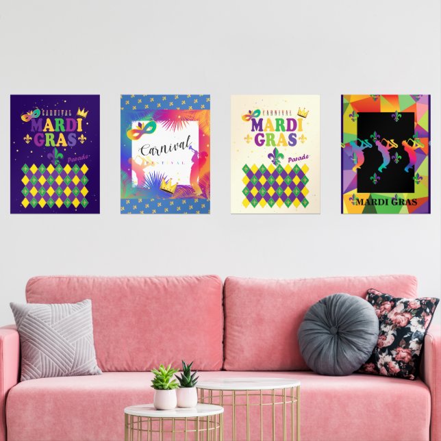 Mardi Gras Carnival Fleur de Lis Diamond Harlequin Wall Art Sets (Livingroom)