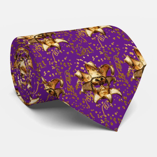 Mardi Gras Carnival  Gold Mask  Confetti Purple Neck Tie (Rolled)
