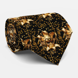 Mardi Gras Carnival  Gold Mask With Confetti Black Neck Tie