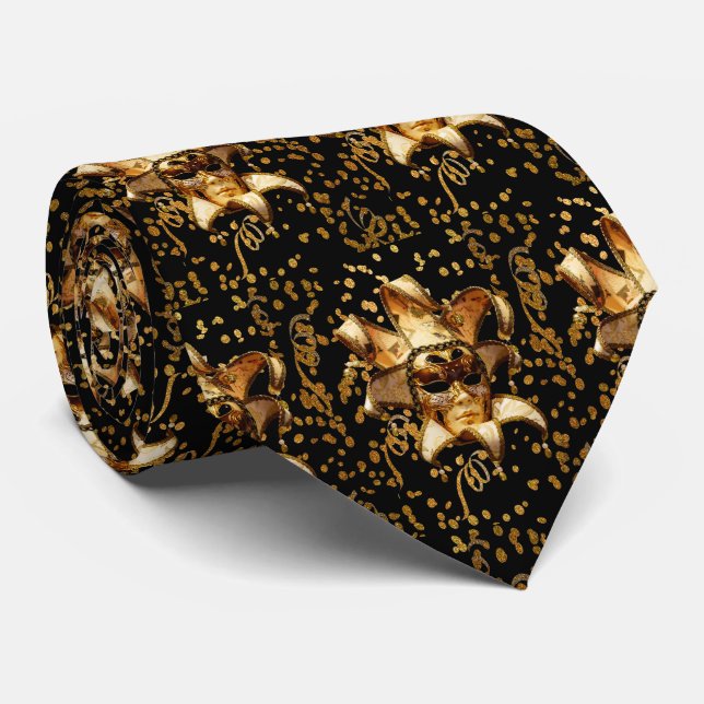 Mardi Gras Carnival  Gold Mask With Confetti Black Neck Tie (Rolled)
