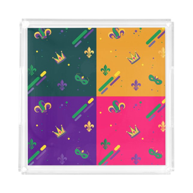 Mardi Gras Carnival Harlequin Fleur de Lis Diamond Acrylic Tray (Front)
