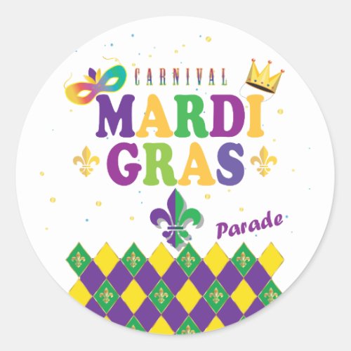 Mardi Gras Carnival Harlequin Fleur de Lis Diamond Classic Round Sticker