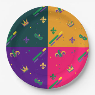 Mardi Gras Carnival Harlequin Fleur de Lis Diamond Paper Plates