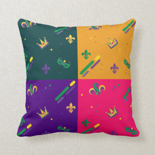 Mardi Gras Carnival Harlequin Fleur de Lis Diamond Throw Pillow
