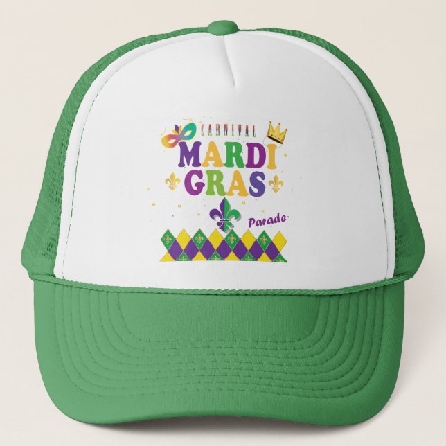 Mardi Gras Carnival Harlequin Fleur de Lis Diamond Trucker Hat (Front)