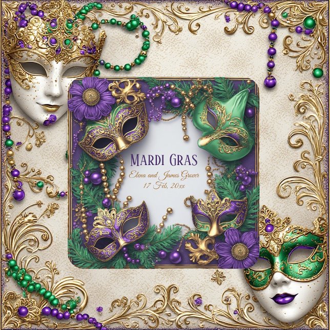 Mardi Gras Carnival Mask Purple Green Gold Modern  Square Sticker (Mardi Gras Carnival Mask Purple Green Gold Modern Square Sticker)