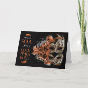 Mardi Gras Carnival Mask with Feathers in Bronze Card