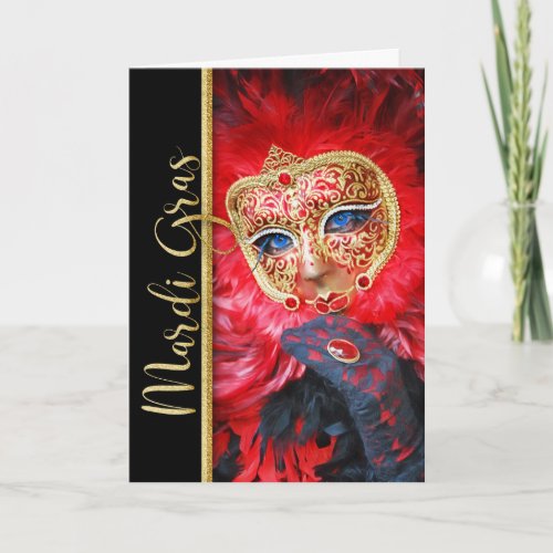 Mardi Gras Carnival Mask with Red Feathers Card
