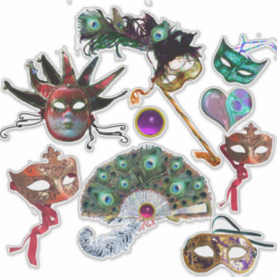 MARDI GRAS CARNIVAL MASKS, PEACOCK FEATHERS FAN STICKER