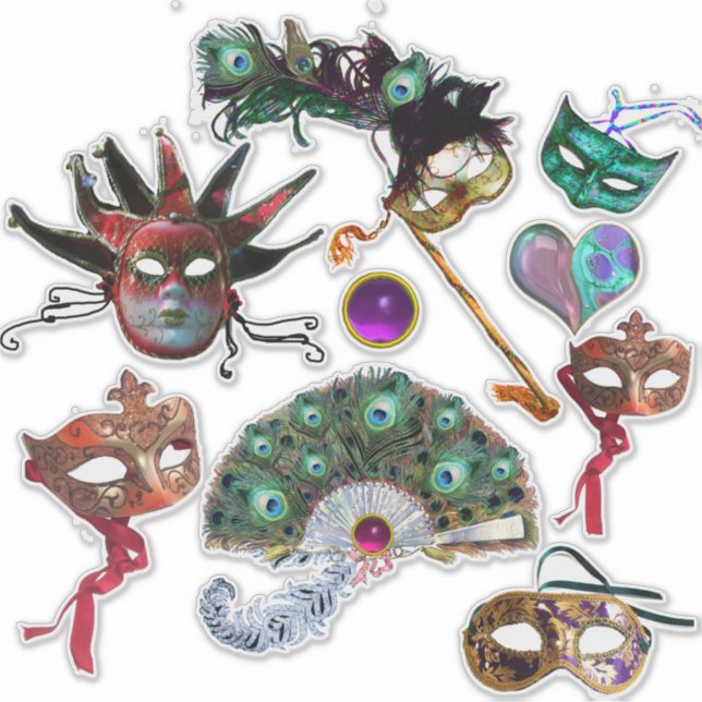 MARDI GRAS CARNIVAL MASKS, PEACOCK FEATHERS FAN STICKER (Front)
