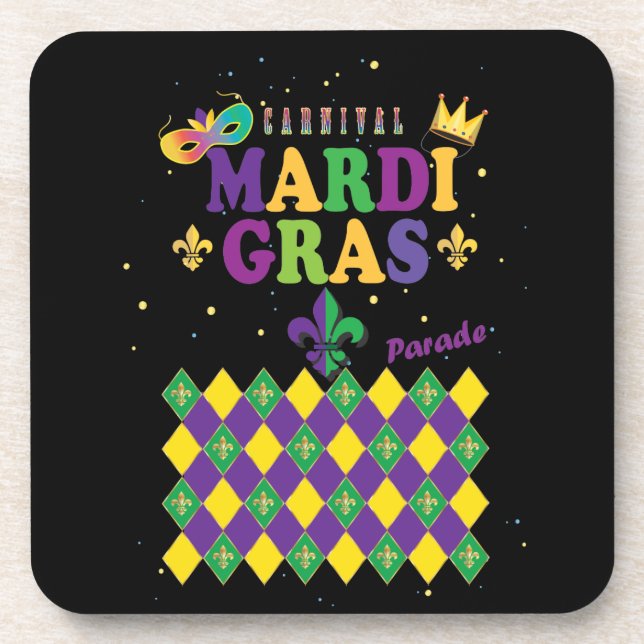 Mardi Gras Carnival Party Fleur de Lis Rhombus Beverage Coaster (Front)