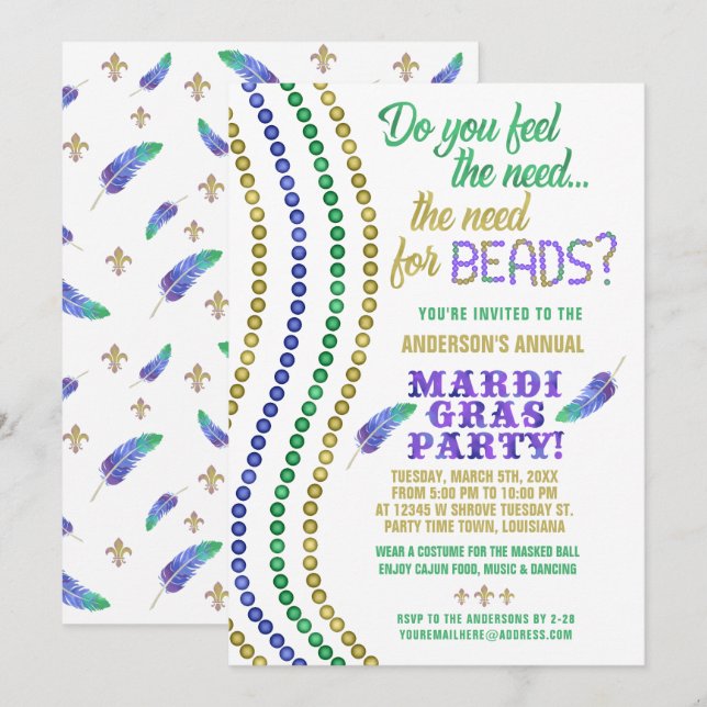 Mardi Gras Carnival Party Funny Need for Beads Invitation (Front/Back)