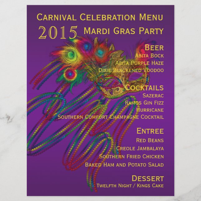 Mardi Gras Carnival Party Menu Stationery (Front)