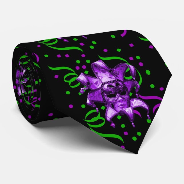 Mardi Gras Carnival  Purple Mask With Confetti Neck Tie (Rolled)