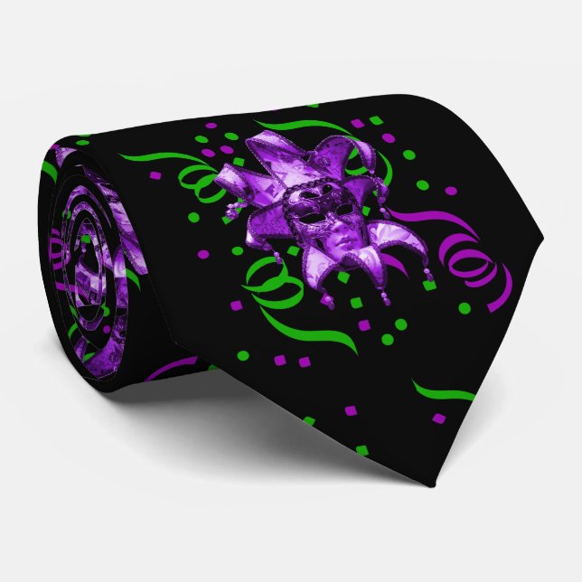Mardi Gras Carnival  Purple Mask With Confetti Neck Tie (Rolled)
