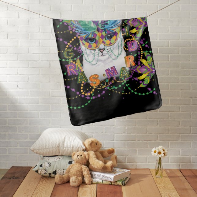 Mardi Gras Cat, Funny Mardi Gras Baby Blanket (In Situ)