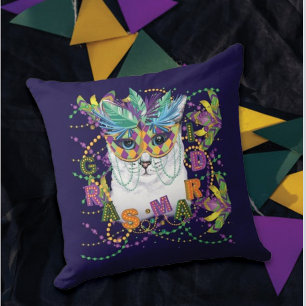 Mardi Gras Cat, Funny Mardi Gras Throw Pillow
