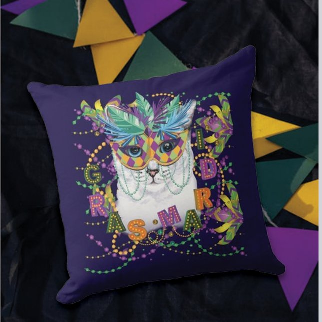 Mardi Gras Cat, Funny Mardi Gras Throw Pillow (Creator Uploaded)
