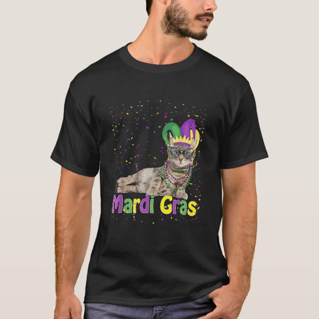 Mardi Gras Cat Mardi Gras Bead Jester Hat Cat T-Shirt (Front)