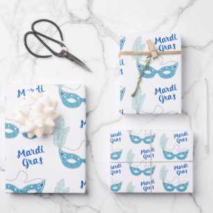 Mardi Gras Celebration Blue Masks Feathers Wrapping Paper Sheets
