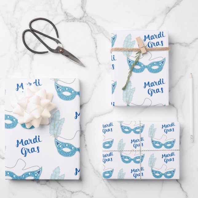 Mardi Gras Celebration Blue Masks Feathers Wrapping Paper Sheets (Front)