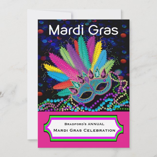 MARDI GRAS Celebration, Mask, Beads,Colorful Invitation (Front)