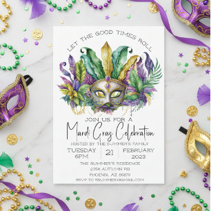 Mardi Gras Celebration Watercolor Mask Invitation