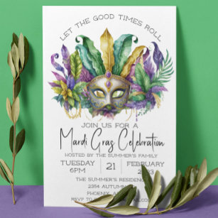 Mardi Gras Celebration Watercolor Mask  Invitation
