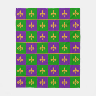 Mardi Gras Checkered Fleur De Lis Fleece Blanket