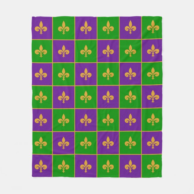 Mardi Gras Checkered Fleur De Lis Fleece Blanket (Front)