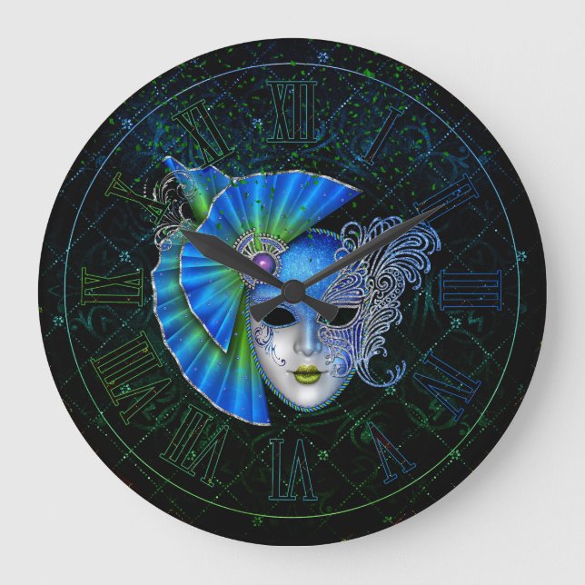 Mardi Gras Clock, Blue Green Mardi Gras Mask  Large Clock (Front)