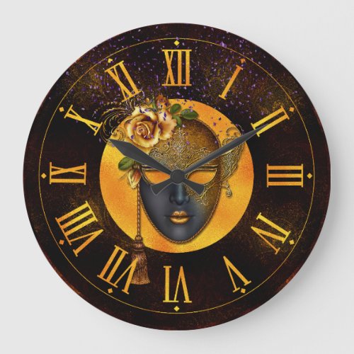 Mardi Gras Clock Blue Mask Golden Rose  Large Clock