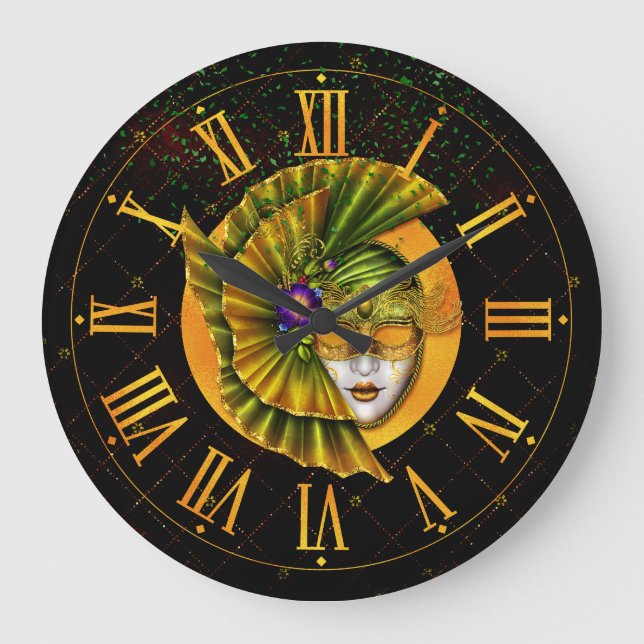 Mardi Gras Clock, Carnival Green Golden Mask  Large Clock (Front)