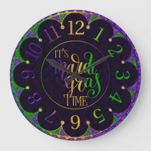 Mardi Gras Clock, Colorful It's Mardi Gras Time Large Clock