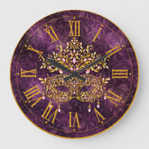 Mardi Gras Clock, Golden Jeweled Mask Large Clock