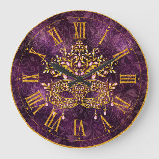 Mardi Gras Clock, Golden Jeweled Mask Large Clock